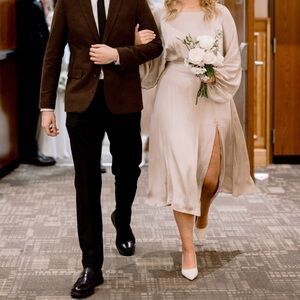 Astr Long Sleeve Satin Beige Dress